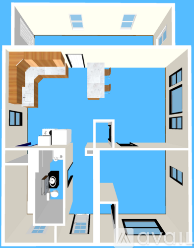 A hallway with a door and a cabinet on the left.