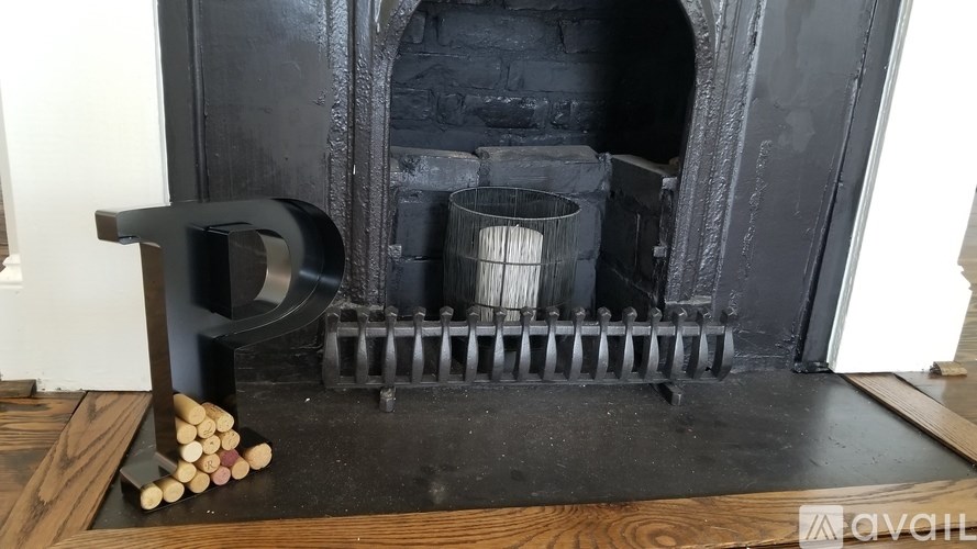 A fireplace with a grate and logs on the hearth.