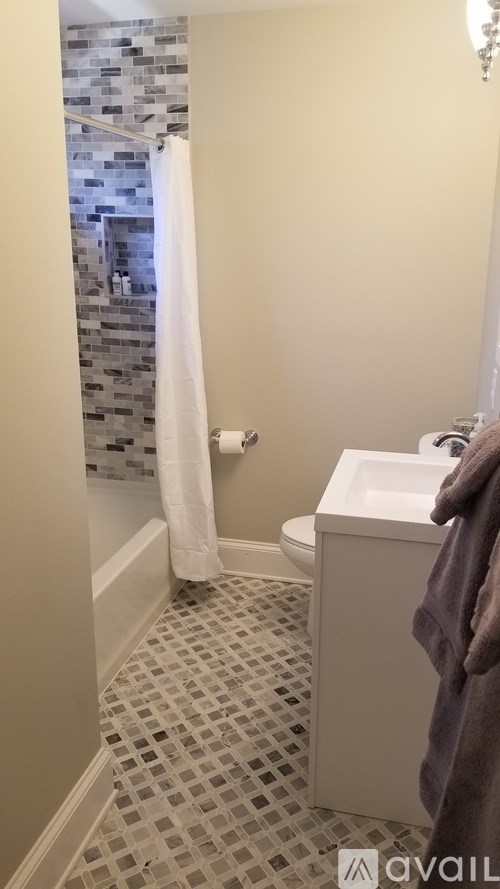A bathroom with a toilet, sink, and a shower with a white curtain.