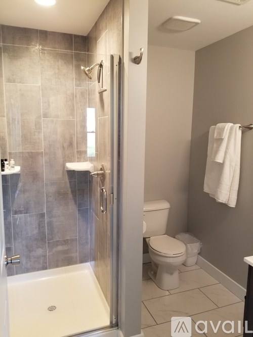 A bathroom with a toilet, a shower, and a towel hanging on the wall.