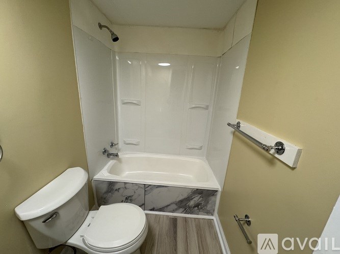 A bathroom with a toilet, a bathtub and a shower.