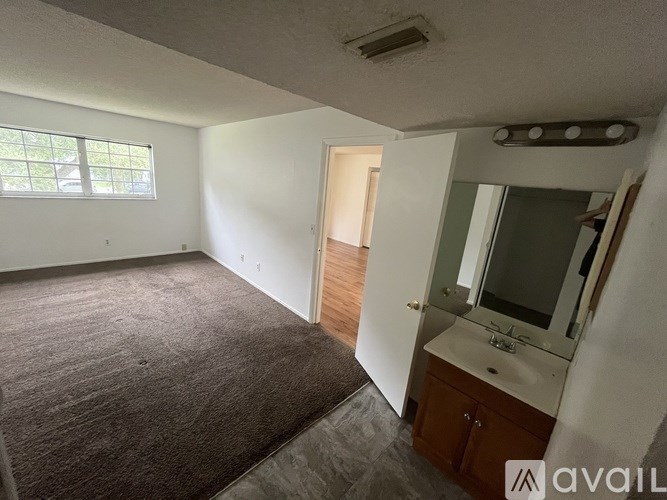 A room with a carpeted floor and a window.