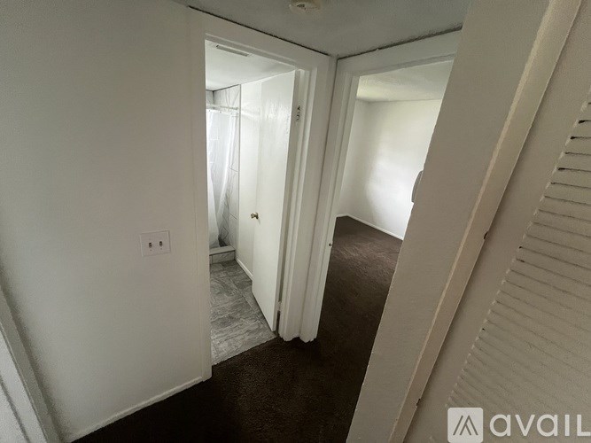 A hallway with a carpeted floor and a white door.