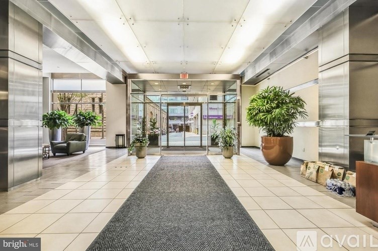 A bright lobby with a carpet and potted plants.