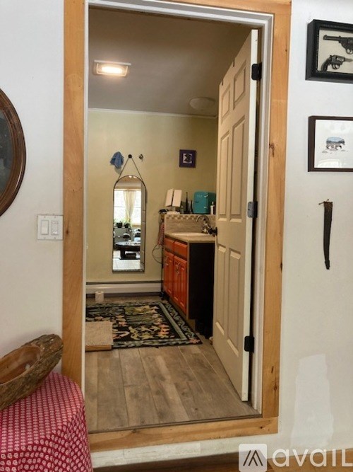 A hallway with a mirror and a door leading to a room.