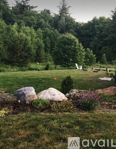 A garden with rocks and plants in the foreground and trees in the background.