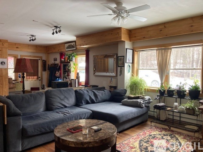 A living room with a grey couch and a coffee table.