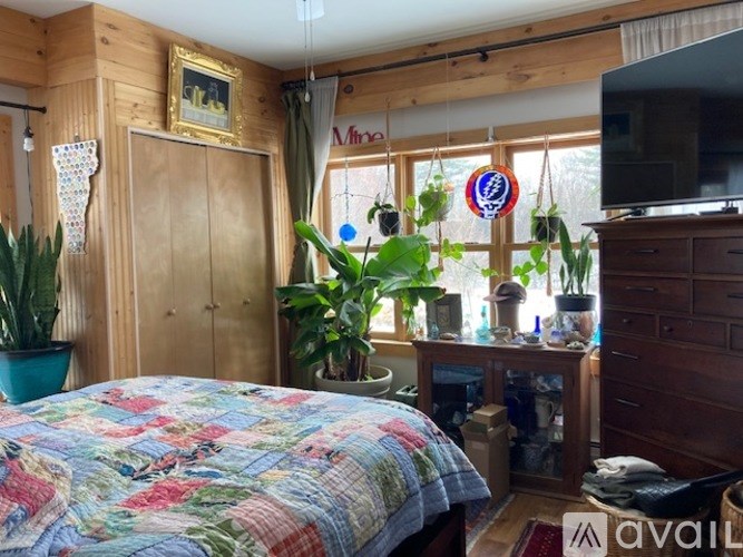A bedroom with a bed, a wooden wardrobe, a TV, and a window with plants.