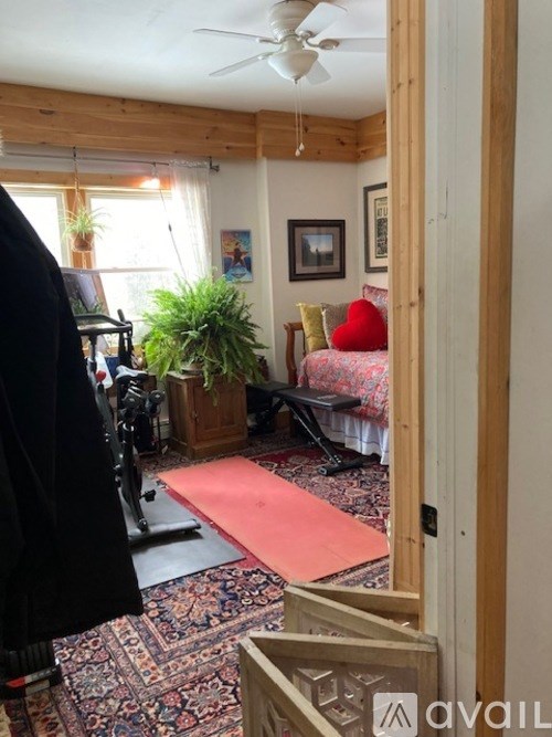 A room with a red rug and a wooden floor.
