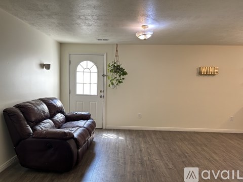 A living room with a brown leather sofa and a hanging plant.