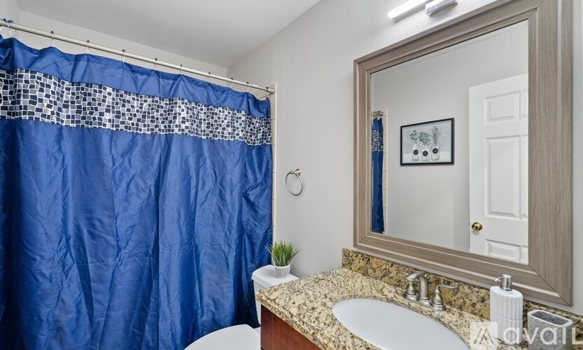 A bathroom with a blue shower curtain and a white toilet.