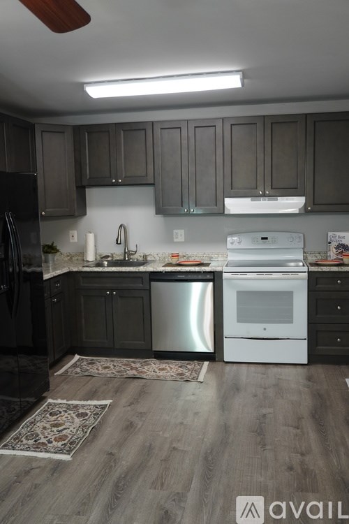 A kitchen with a black refrigerator and a white dishwasher.