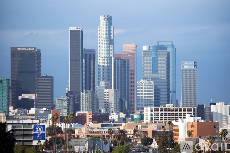 A city skyline with tall buildings and a clear sky.