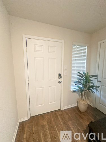 A white door with a plant in front of it.