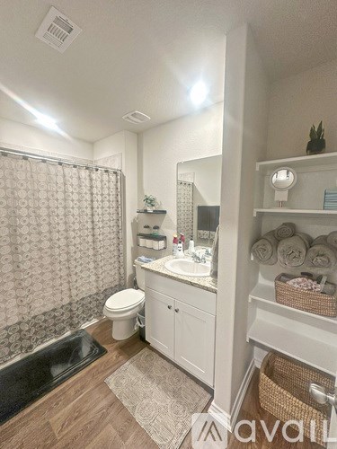 A bathroom with a toilet, sink, and shower curtain.