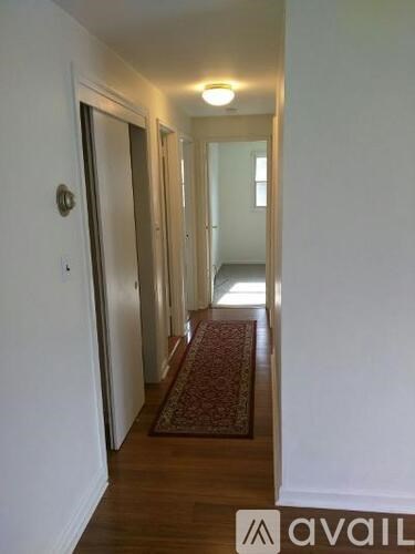 A hallway with a rug on the floor and doors on both sides.