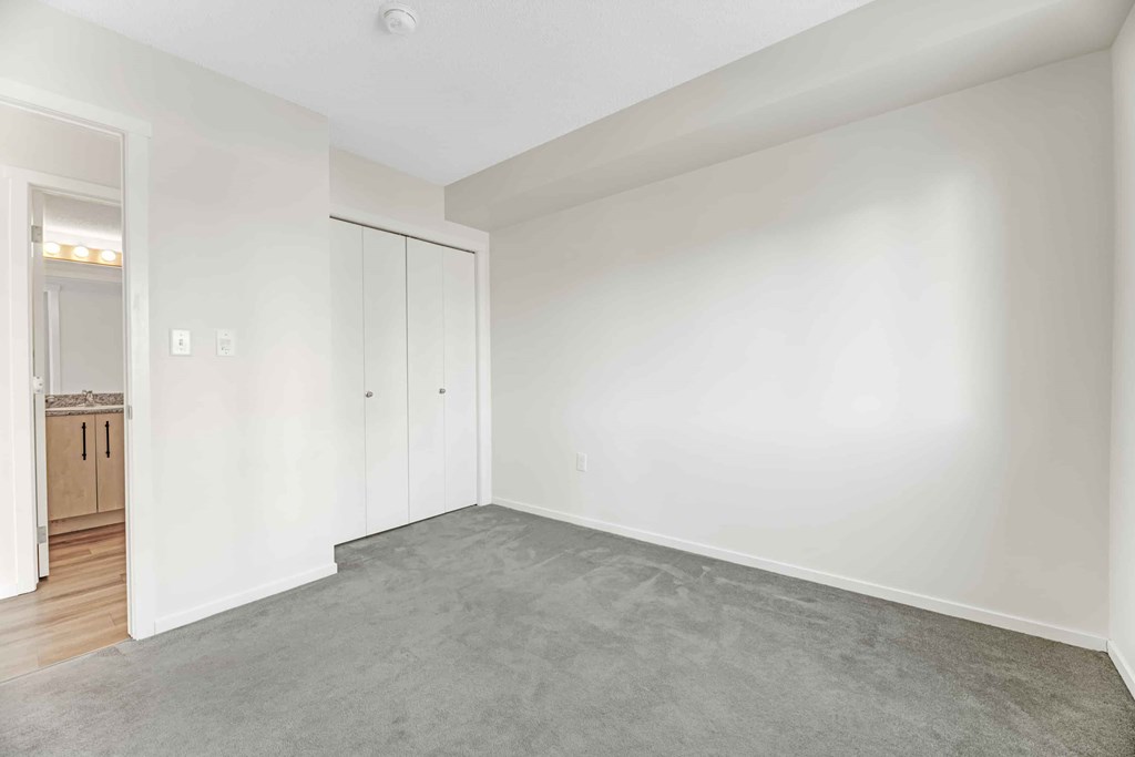 A room with a grey carpet and white walls.