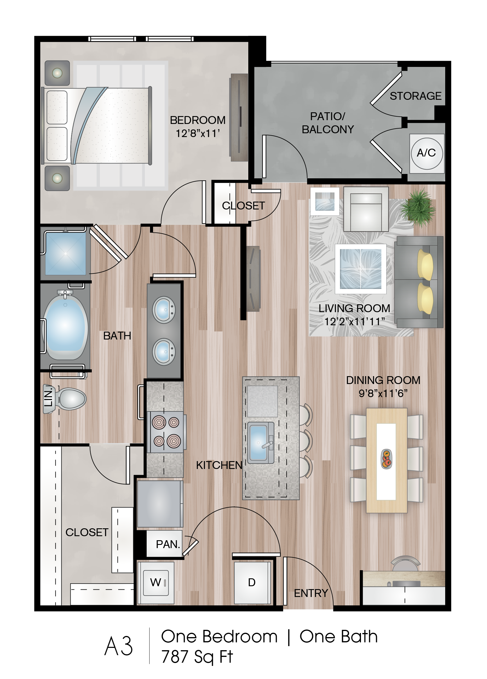 1 Bedroom A3 Floor Plan at Lofts at Katy Ranch, Katy, 77494