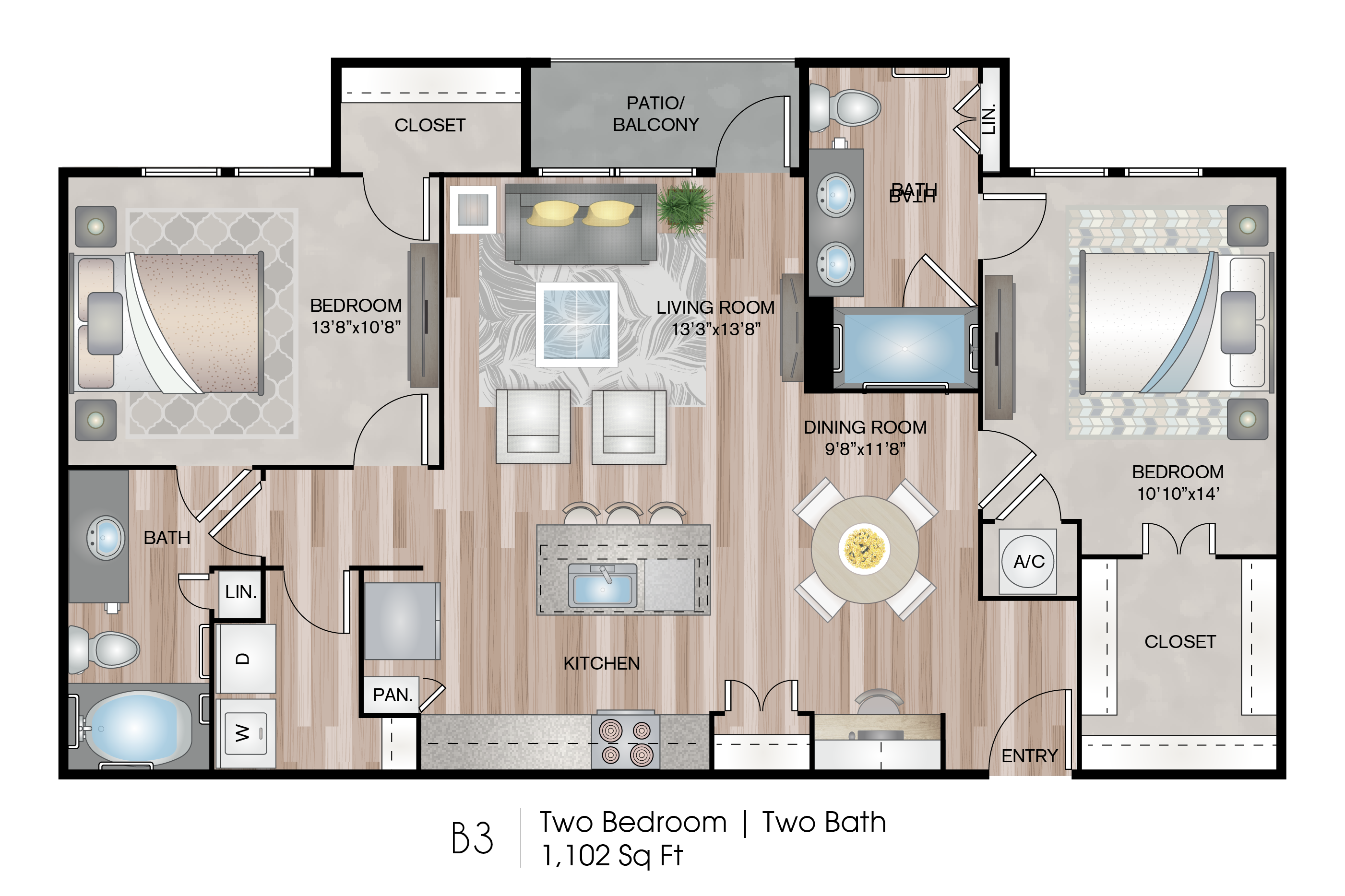 2 Bedroom B3 Floor Plan at Lofts at Katy Ranch, Katy, TX 77494
