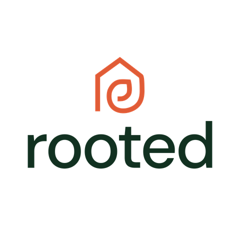 A graphic with a house shape and the word "rooted" in green.