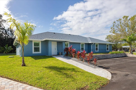 A blue house with a white door and a tree in front.