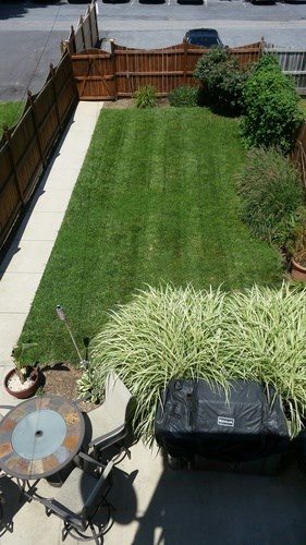 A backyard with a lawn and a patio table.