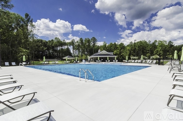 A large swimming pool surrounded by sun loungers and trees.
