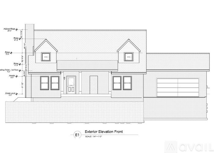 A black and white architectural drawing of a house with a front elevation view.