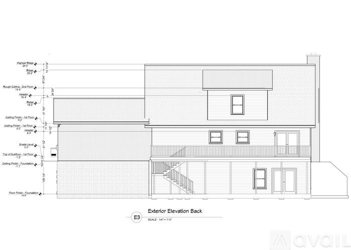 A black and white architectural drawing of a building's exterior elevation.