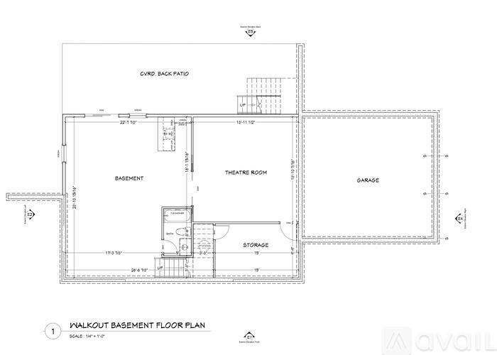 A floor plan of a walkout basement with a theater room, garage, and other rooms.