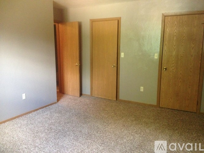Three wooden doors are in a room with carpeted floor.