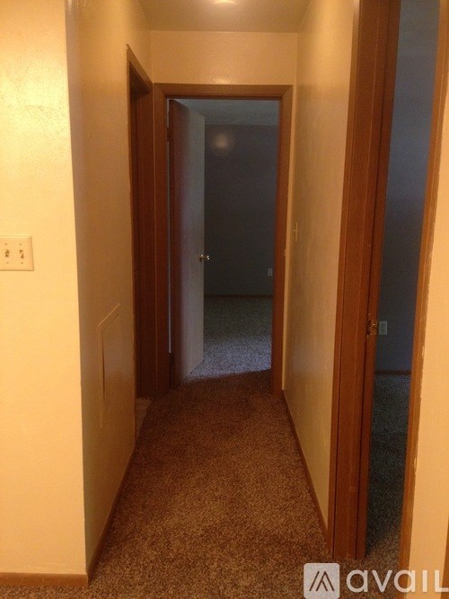 A hallway with a carpeted floor and a door at the end.