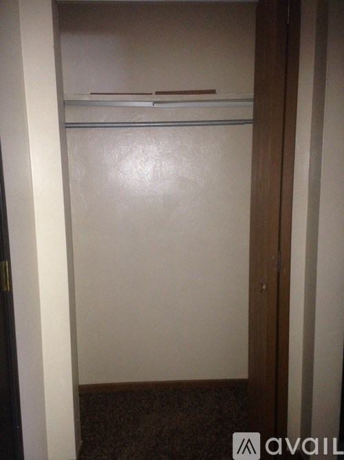 A white closet with a brown door and a brown carpet.