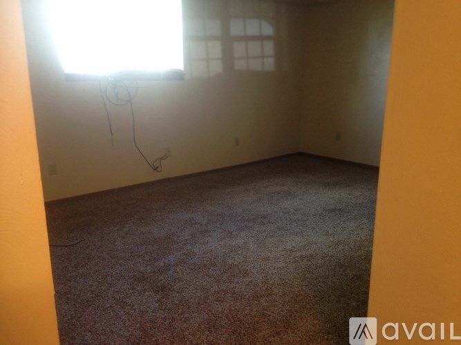 A room with a carpeted floor and a window.
