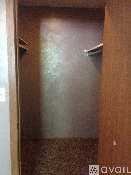 A hallway with a brown carpet and a wooden door.