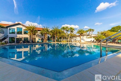 A large swimming pool in front of a house with palm trees.