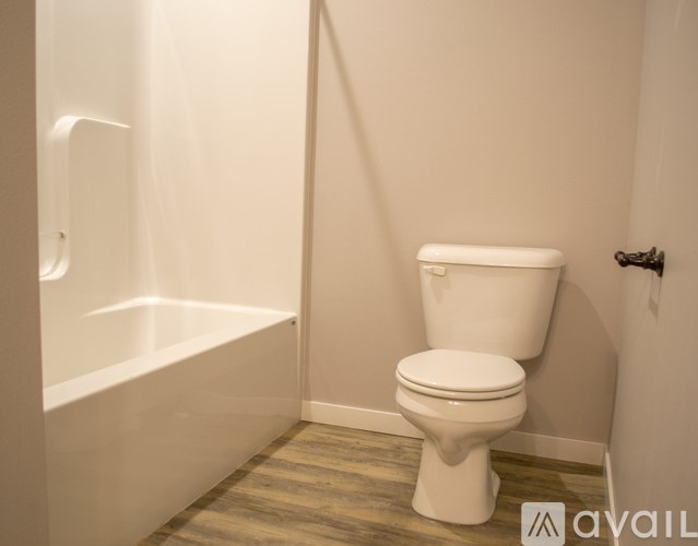 A white toilet in a small bathroom with a wooden floor.