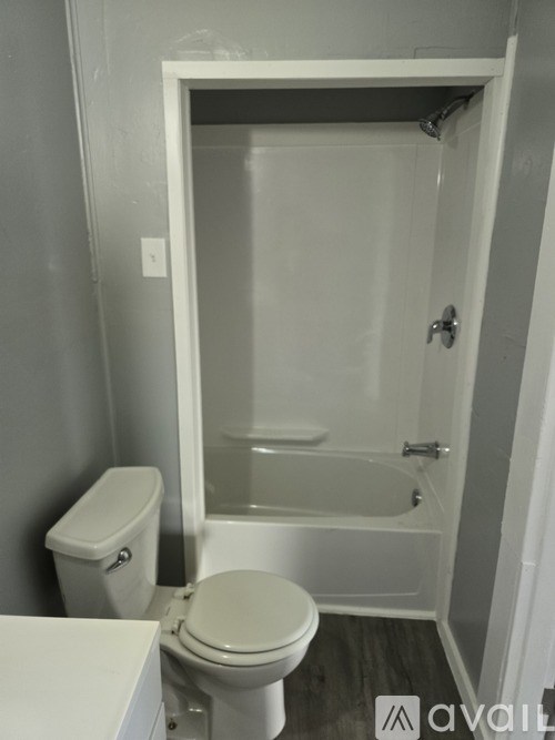 A white toilet sits next to a walk-in shower.