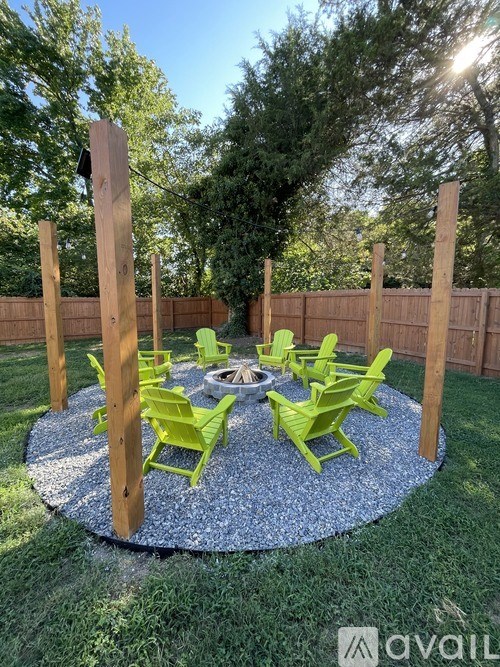 A backyard with a fire pit and chairs.