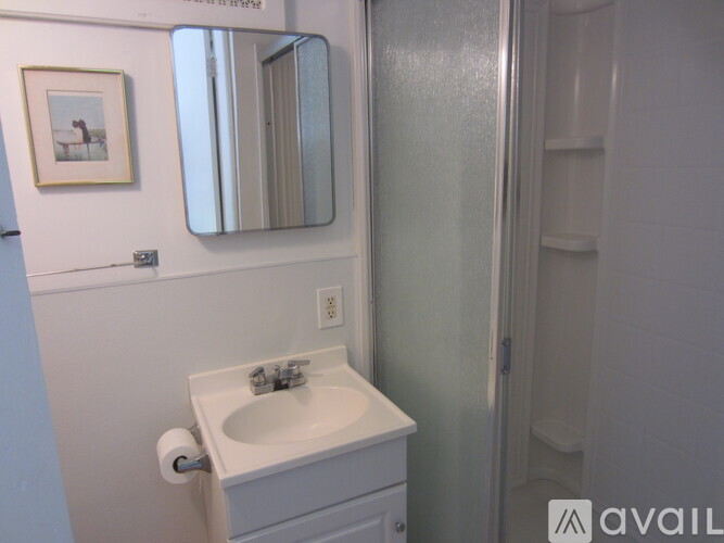 A bathroom with a white sink and a mirror.
