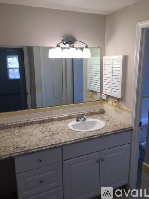 A bathroom with a sink, mirror, and cabinets.