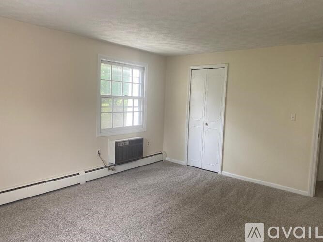 A room with a window, a door, and a carpeted floor.