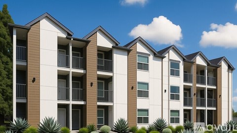 A modern apartment building with balconies and multiple floors.