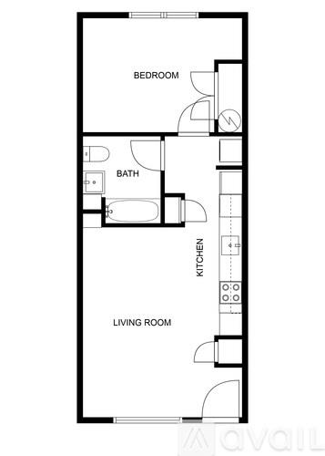 A floor plan of a small apartment with a bedroom, bathroom, kitchen, and living room.
