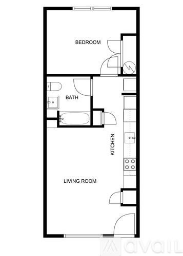 A floor plan of a small apartment with a bedroom, bathroom, kitchen, and living room.