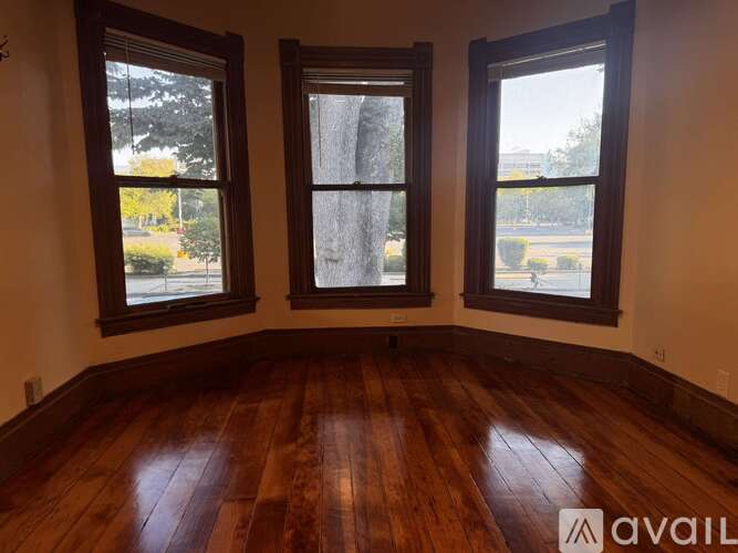 Three windows overlooking a tree and a building.