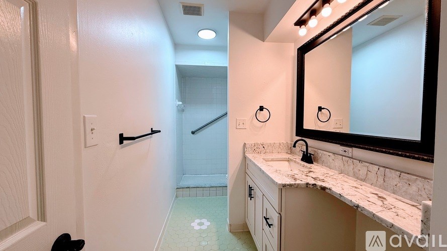 A bathroom with a sink, mirror, and a shower.