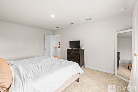 A bedroom with a bed, dresser, and mirror.