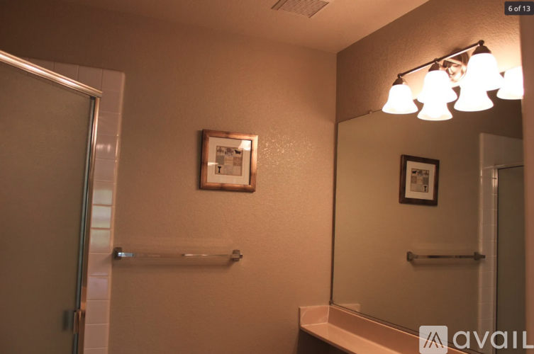 A bathroom with a mirror, a light, and a picture on the wall.