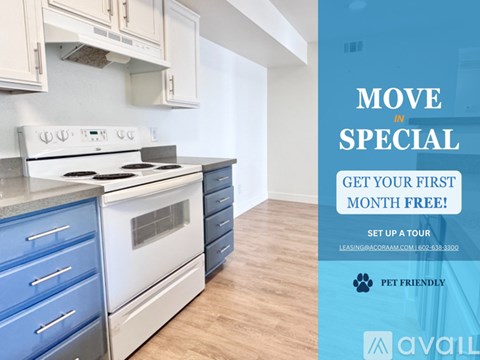 A kitchen with a stove and cabinets is advertised for rent.